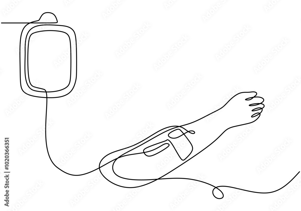 Infused Hand Line Art. Continuous line drawing of a hand receiving an infusion, healthcare illustration. Infused Hand Line Art. Continuous line drawing of a hand receiving an infusion, healthcare illustration.