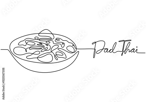Pad Thai continuous line drawing. Thai food illustration in a minimalist style.