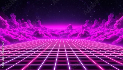 synthwave clouds retro hologram grid retro background