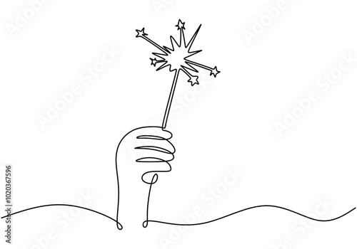 Continuous line drawing of a hand with fireworks. Illustration for party concept in minimalist design.