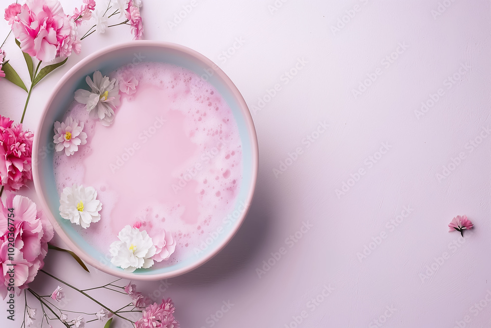 A shallow bowl filled with pink liquid showcases delicate flowers floating on the surface. Surrounding the bowl are soft, vibrant petals, creating a tranquil atmosphere A shallow bowl filled with pink liquid showcases delicate flowers floating on the surface. Surrounding the bowl are soft, vibrant petals, creating a tranquil atmosphere