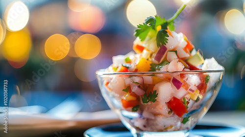 Fresh seafood ceviche with shrimp, lime, red onion, and cilantro served in a glass bowl. Colorful and refreshing dish, perfect for enjoying on a warm evening by the sea. photo