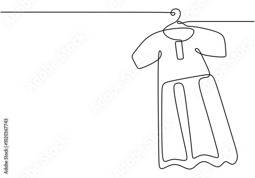 Continuous line drawing of a dress on a hanger. Minimalist illustration for beauty and fashion.