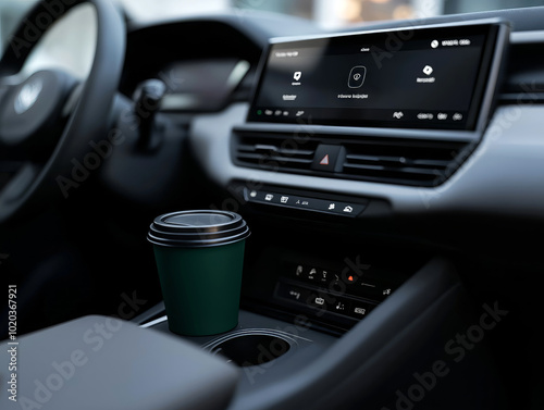 Close-up of a businessman's hand holding a coffee cup inside a modern car