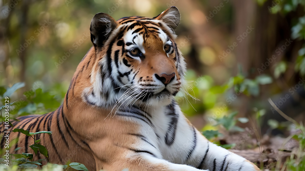 Fototapeta premium Malayan tiger laying in the forest, showcasing its beautiful orange fur and black stripes, endangered, wildlife 