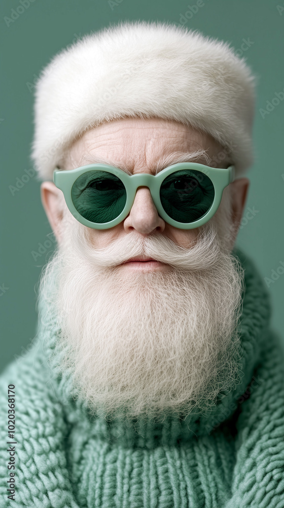 Portrait of a whimsical Santa Claus wearing a white fur hat and sunglasses on a green background. Portrait of a whimsical Santa Claus wearing a white fur hat and sunglasses on a green background.