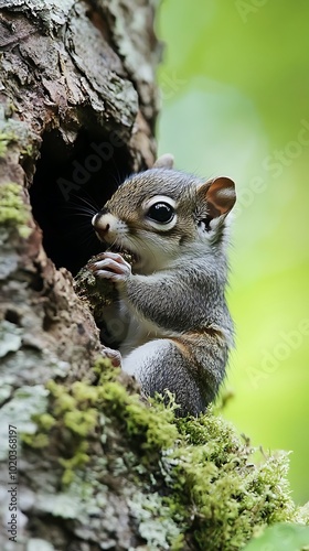 A squirrel peeks out from a tree hole, holding a nut in a lush, green environment.