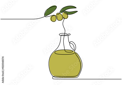 Olive oil with bottle illustrated in continuous line drawing. Food and drink concept design.