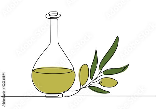 Continuous line drawing of olive oil and bottle. Illustration for food and drink concepts.