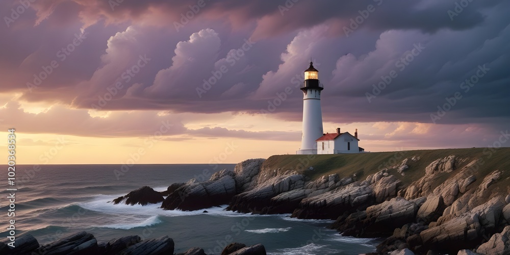 Fototapeta premium A lighthouse standing on a rocky cliff against a dramatic cloudy sky at sunset