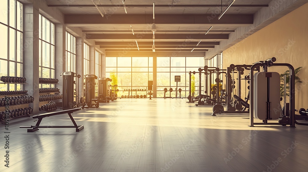 Spacious modern gym interior, perfect balance between workout equipment and free space, natural light pouring in through large windows, polished flooring, sleek and minimalist design, Spacious modern gym interior, perfect balance between workout equipment and free space, natural light pouring in through large windows, polished flooring, sleek and minimalist design,