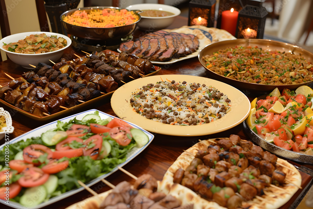 Fototapeta premium Elegant Arabian Ramadan Iftar feast featuring a beautiful spread of traditional dishes with dates and hearty meals