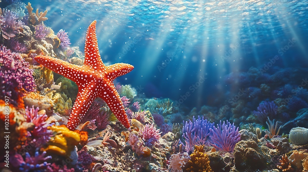 A vibrant underwater scene featuring a red starfish among colorful corals and sunlight beams.