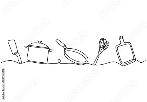 Continuous line drawing of kitchen appliances. Design for food and kitchen concepts.