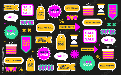 Sale abstract background, wallpaper, banner. Black Friday sale. Advertising campaign, shopping, discount, promotion. Hot sales season. Retro brutalism geometric stickers, tags, badges, labels. Vector.