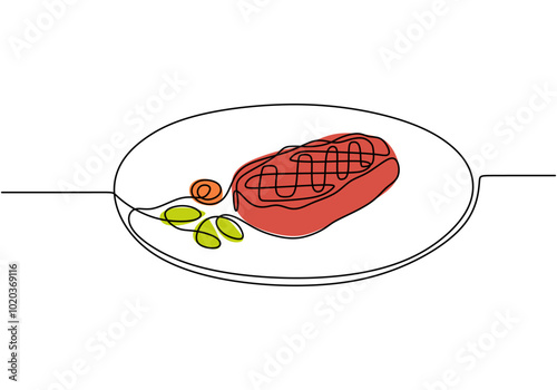 Continuous one line drawing of steak on a plate. Illustration for food concept.