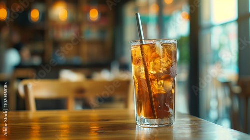 Glass of iced tea with straw and ice cubes on a wooden table in a modern cafe, warm ambient lighting in the background