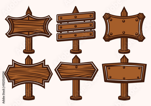 A collection of rustic wooden signposts vectors, perfect for outdoor themed designs, maps, and directional graphics.
