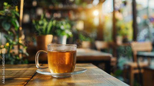Glass cup of herbal tea with sunlight streaming through a cozy cafe, natural warm atmosphere for relaxation
