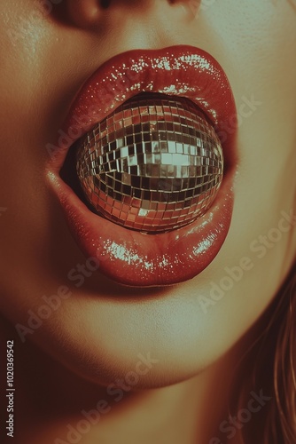 Close-Up of a Mouth with a Mirror Ball, Female Singer with Disco Ball on Tongue, Glamorous Close-Up