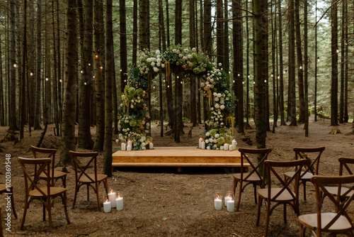 Wedding ceremony decoration in the forest. Twighlight style wedding. Ceremony in the woods. Modern stylish wedding decor