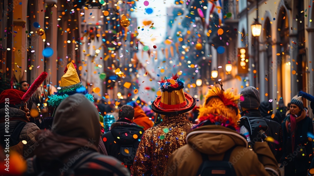 people dressed for carnaval walking through thrown confetti
