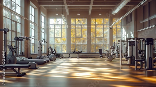 Wide view of a bright gym, neatly arranged cardio and strength stations, sunlight flooding through large windows, polished surfaces reflecting light, minimalist layout, neutral color scheme,