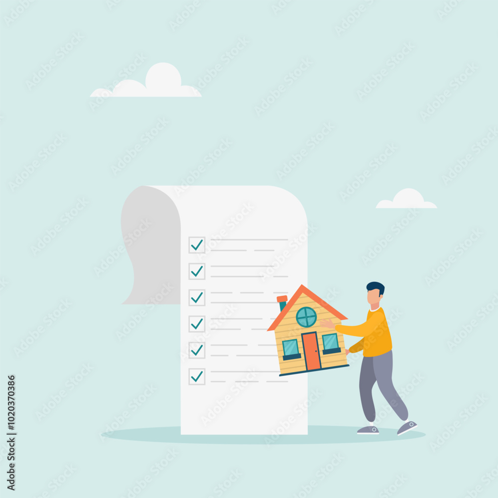 Character holding house with checklist papers. home and property planning. Vector illustration. Character holding house with checklist papers. home and property planning. Vector illustration.
