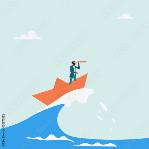 Character surfing the sea waves on a paper boat. Deal with crises with patience and foresight. Vector illustration.