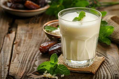 Traditional creamy Arabian laban in a simple glass, with a thick consistency and frothy top for a rich tangy flavor