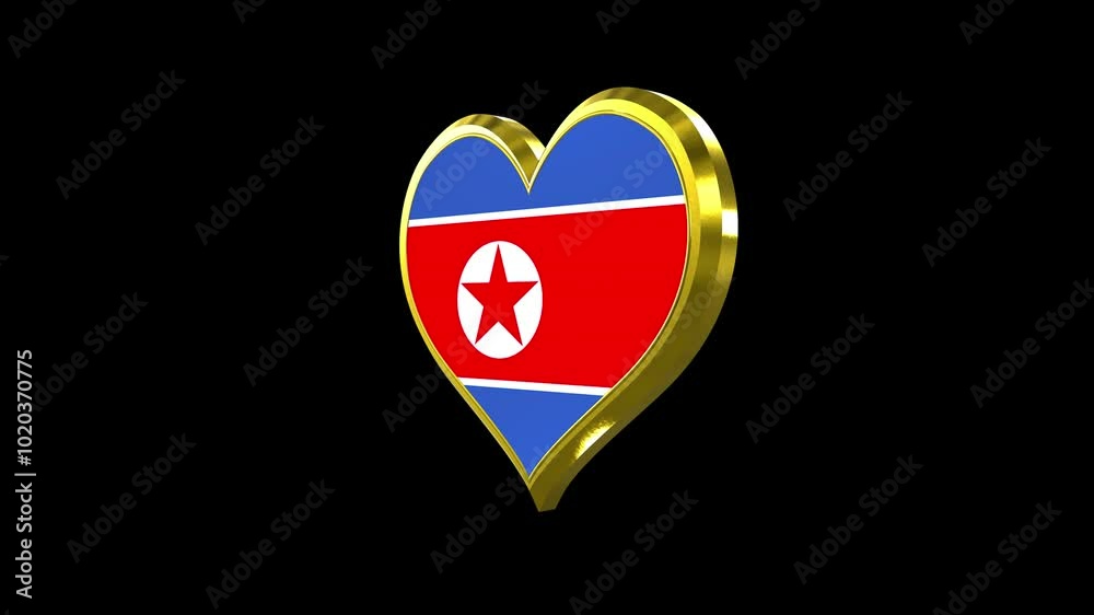 Korea North Flag In Golden Heart Shape With Alpha Matte. Seamless Loop Korea North Flag In Golden Heart Shape With Alpha Matte. Seamless Loop