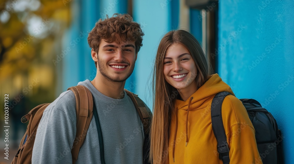 Naklejka premium Two smiling students posing outdoors with backpacks