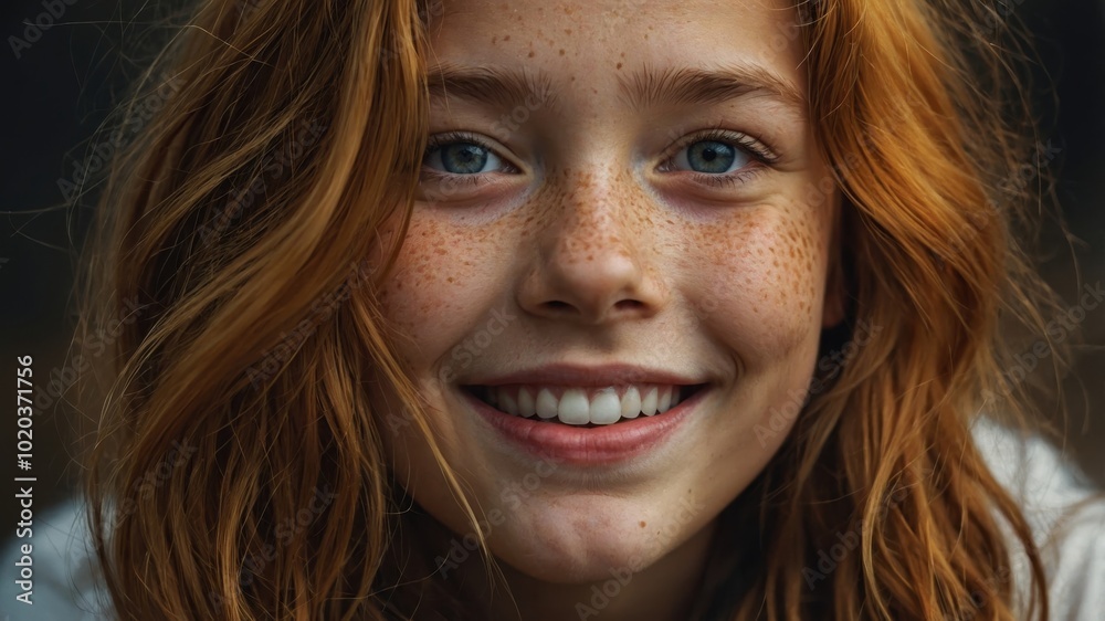 A picture of a happy, smiling girl with freckles. Positive emotions. A picture of a happy, smiling girl with freckles. Positive emotions.