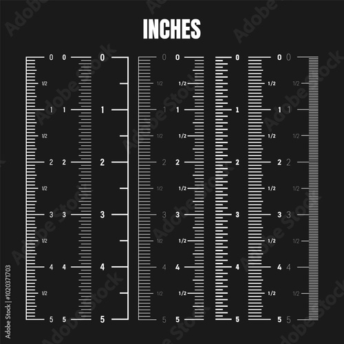 Vertical inch scale for measuring length or height. Various measurement scales with divisions. Ruler, tape measure marks, size indicators. Vector illustration