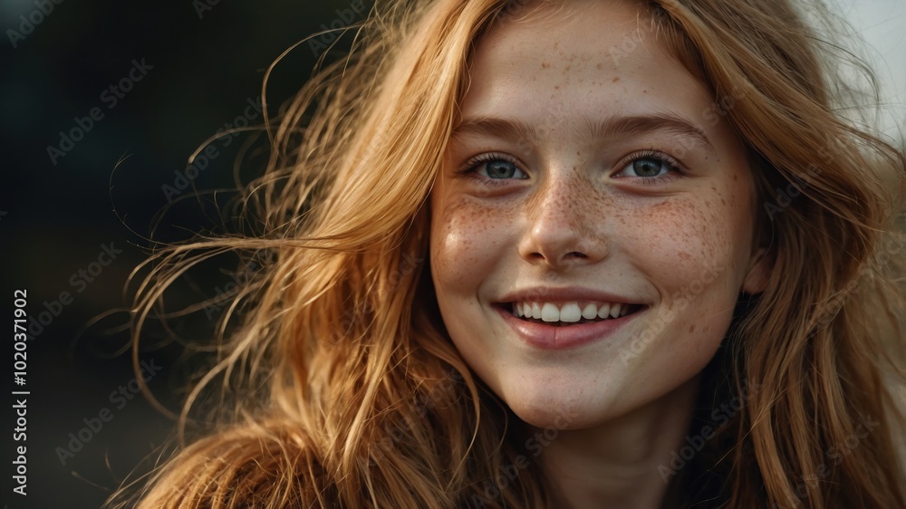 A picture of a happy, smiling girl with freckles. Positive emotions. A picture of a happy, smiling girl with freckles. Positive emotions.