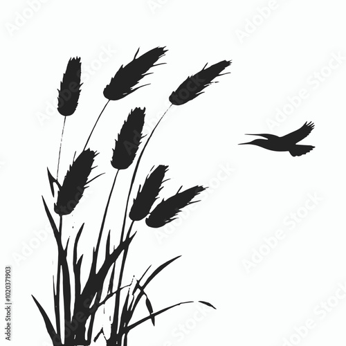 Silhouettes of tall grass or reeds with flying birds against a white background 