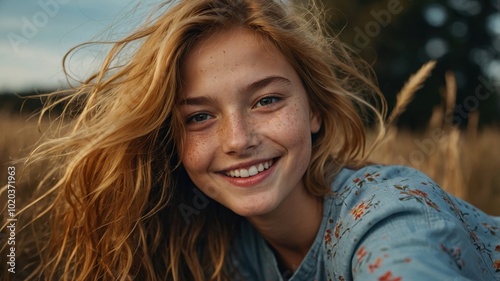 A picture of a happy, smiling girl with freckles. Positive emotions.