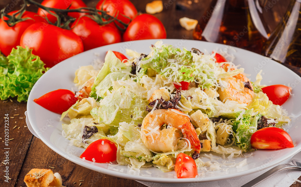 Delicious caesar salad with shrimps on white plate being served on wooden table Delicious caesar salad with shrimps on white plate being served on wooden table