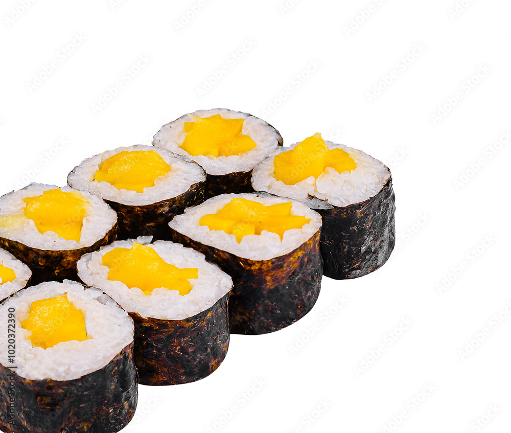 Sushi rolls with mango and cream cheese standing in a row on white background Sushi rolls with mango and cream cheese standing in a row on white background