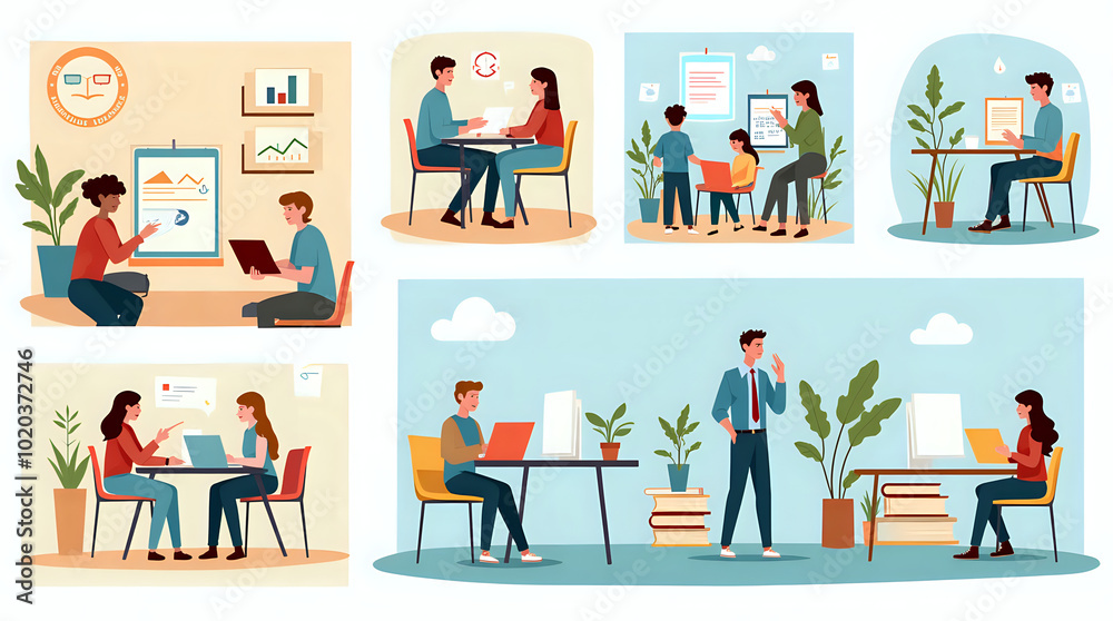 Team of business people collaborating in an office setting, featuring diverse professionals in suits and casual attire, depicted as cartoon avatars in a vector style Team of business people collaborating in an office setting, featuring diverse professionals in suits and casual attire, depicted as cartoon avatars in a vector style
