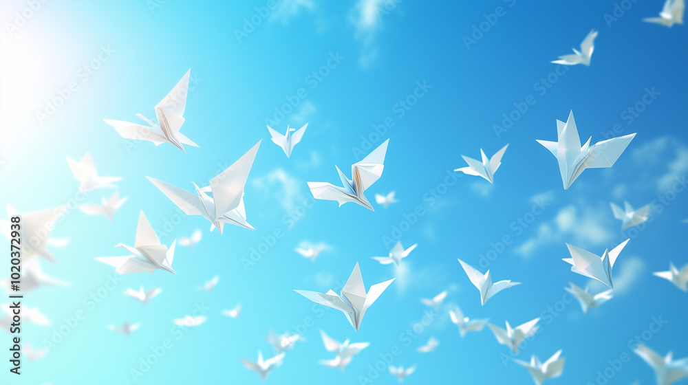 Floating Origami Birds in a Clear Blue Sky Minimalist Scene with White Paper Art Birds Floating Origami Birds in a Clear Blue Sky Minimalist Scene with White Paper Art Birds