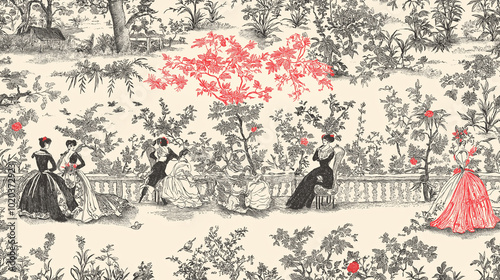 A Toile de Jouy depicting whimsical garden parties with elegant guests