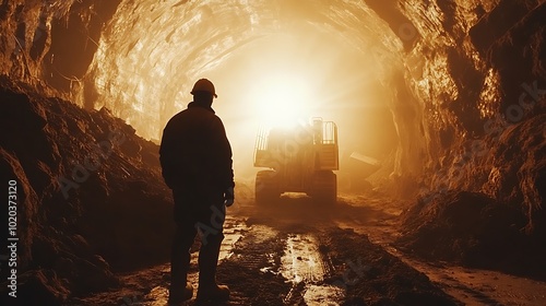 Silhouette of a construction worker standing in a tunnel, looking towards a large excavator in the distance.