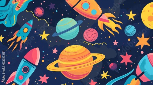 Colorful spaceships exploring a vibrant galaxy with planets and stars