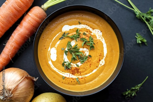 a healthy curcuma cream soup with carrots, onions, and potatoes