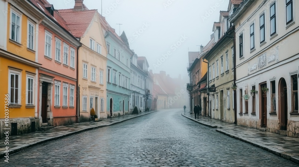 Fototapeta premium Foggy Cobblestone Street with Colorful Buildings in European City