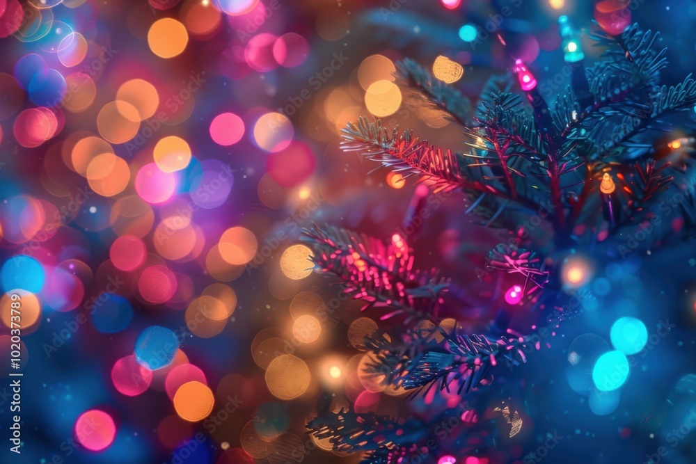 Brightly colored lights are shining brightly on a christmas tree, christmas background, copy space
