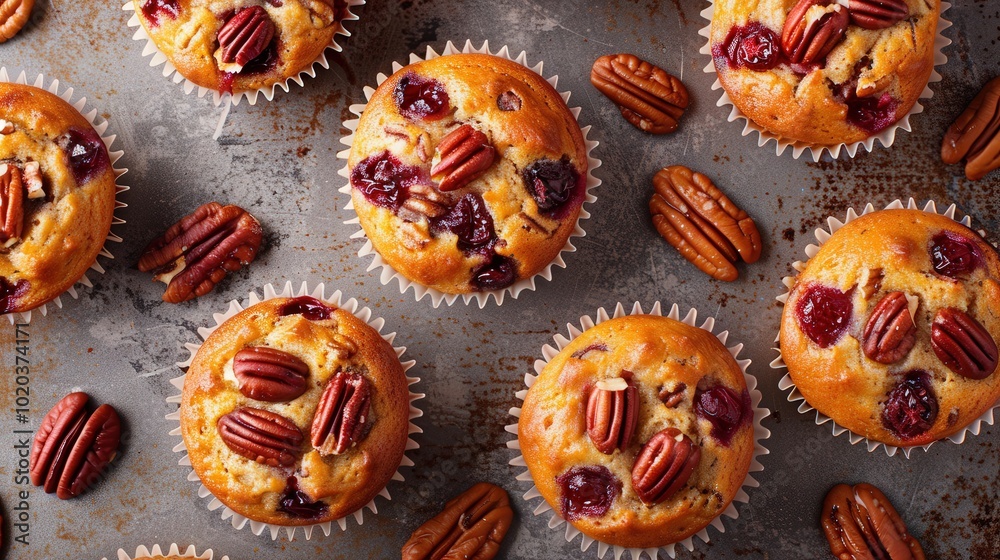 Selection of Cranberry and Pecan Muffins and Cakes on Parchment Paper Baking Sheet Selection of Cranberry and Pecan Muffins and Cakes on Parchment Paper Baking Sheet