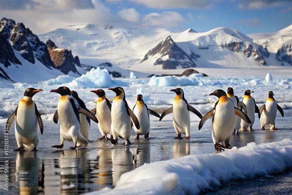 Obraz premium Show a group of penguins waddling across an icy landscape, with mountains in the background. 