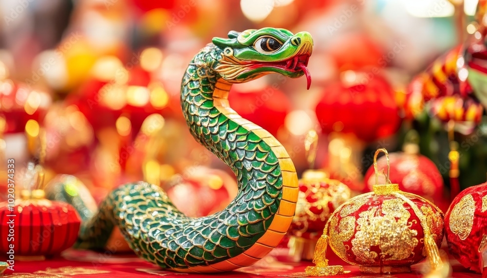 Green Snake Ornament, a Symbol of Good Fortune, Amidst Red Lanterns Celebrating the Chinese New Year Green Snake Ornament, a Symbol of Good Fortune, Amidst Red Lanterns Celebrating the Chinese New Year